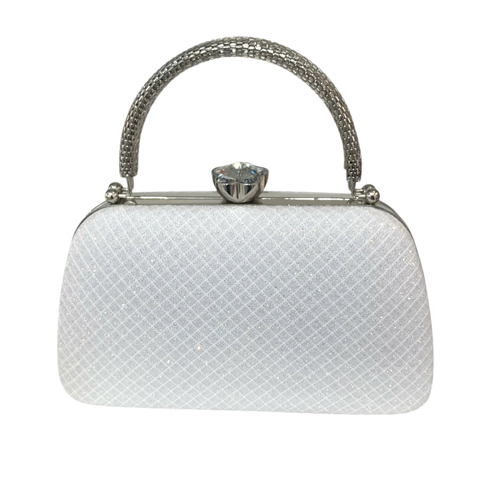 White Silver Clutch Bag With Crisscross Design & Silver Trim