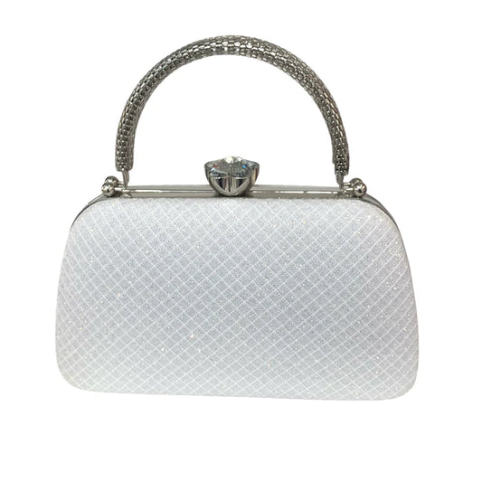 White Silver Clutch Bag With Crisscross Design & Silver Trim
