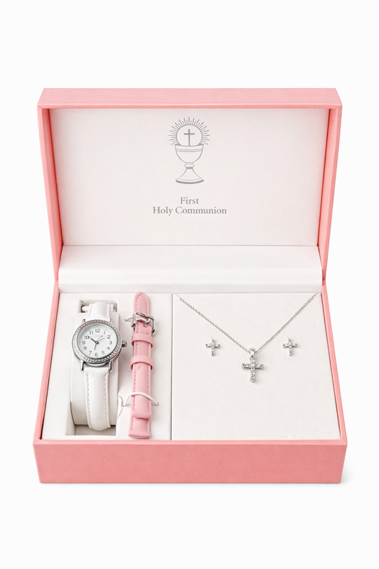 Communion watch with CZ cross and earring set