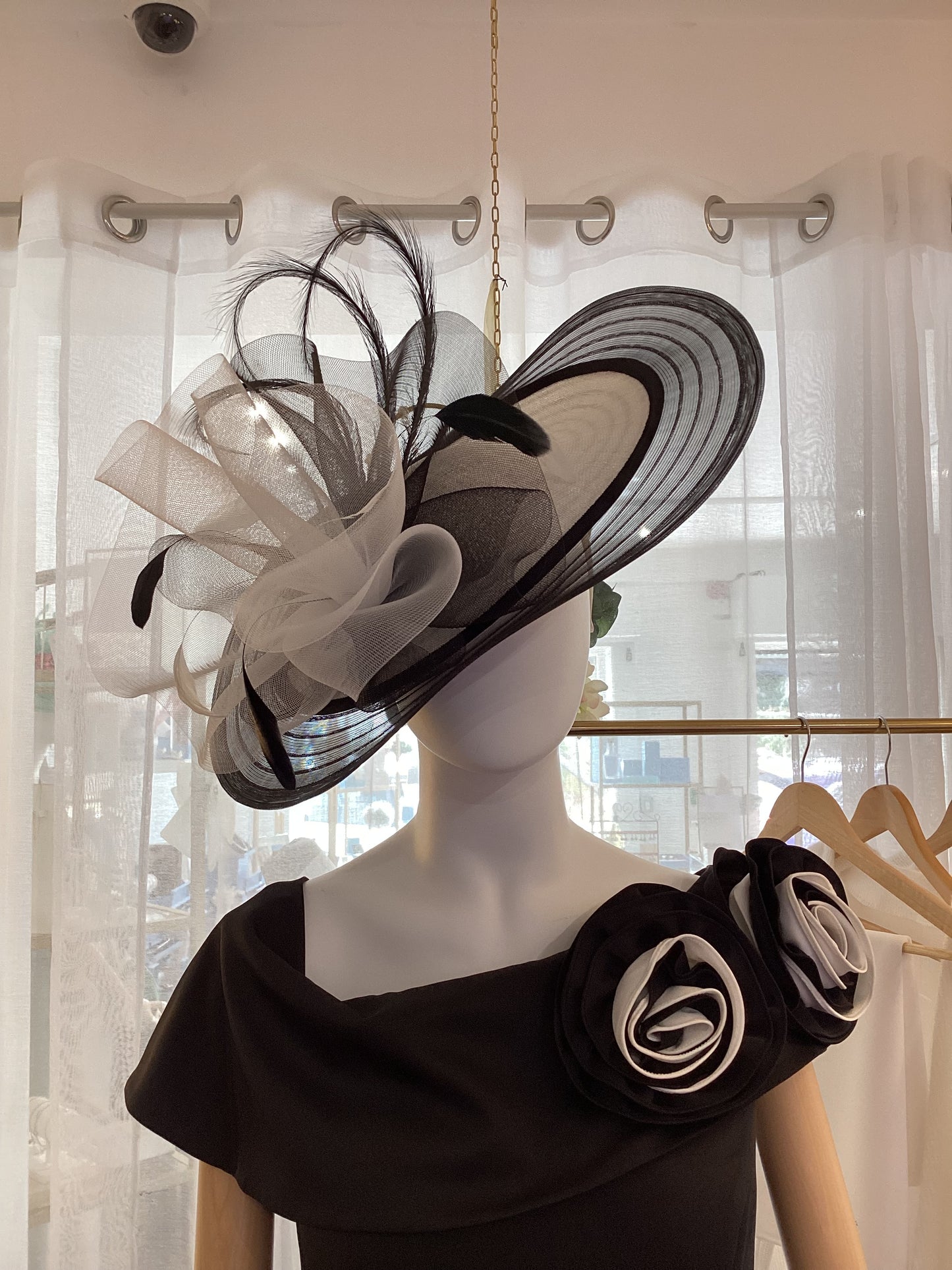 Black and White Headpiece/Hat with Feathers