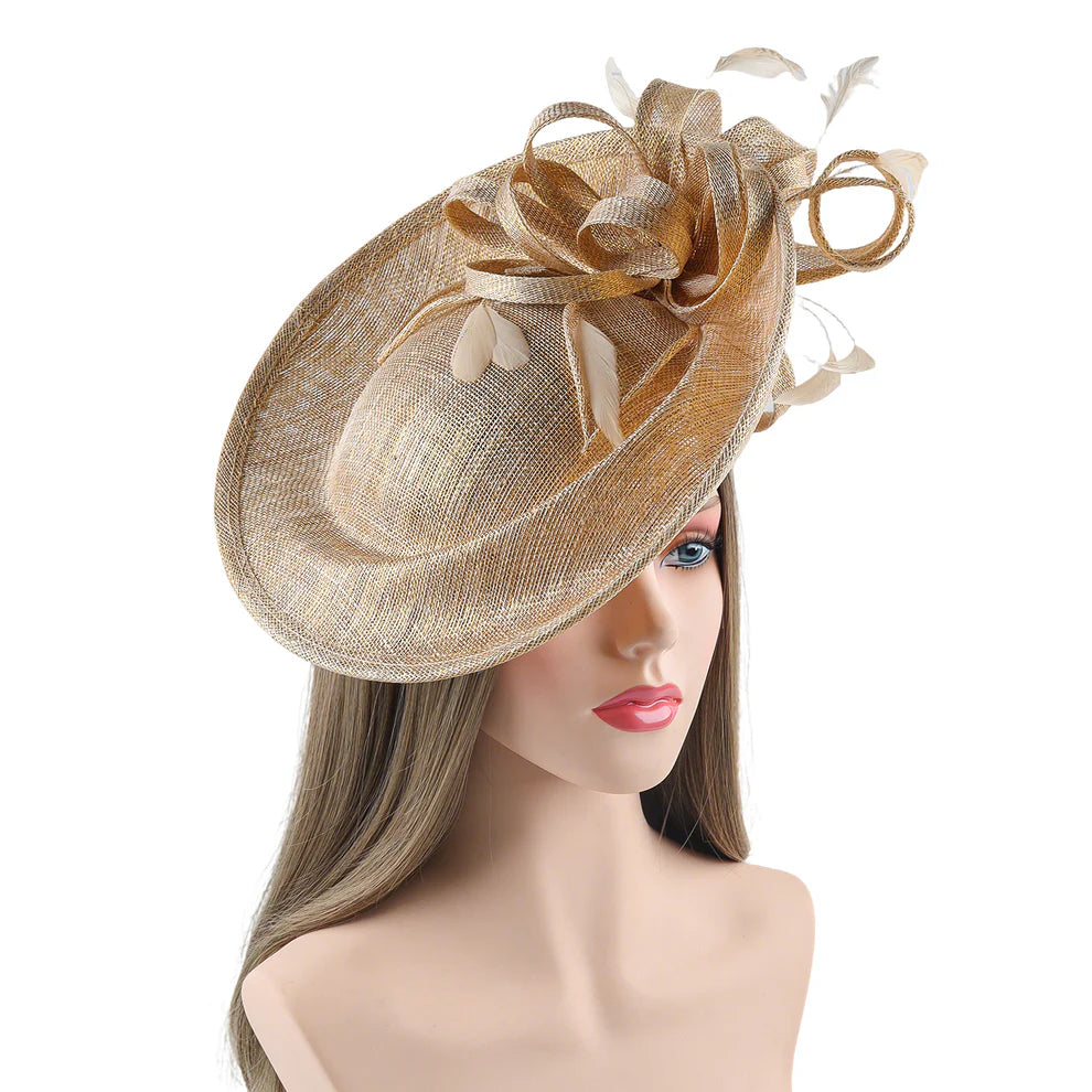 Gold Headpiece/Fascinator With Bow & Feather Detail~D38