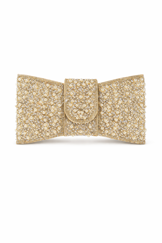 Gold & Pearl Bow Shaped Clutch Bag