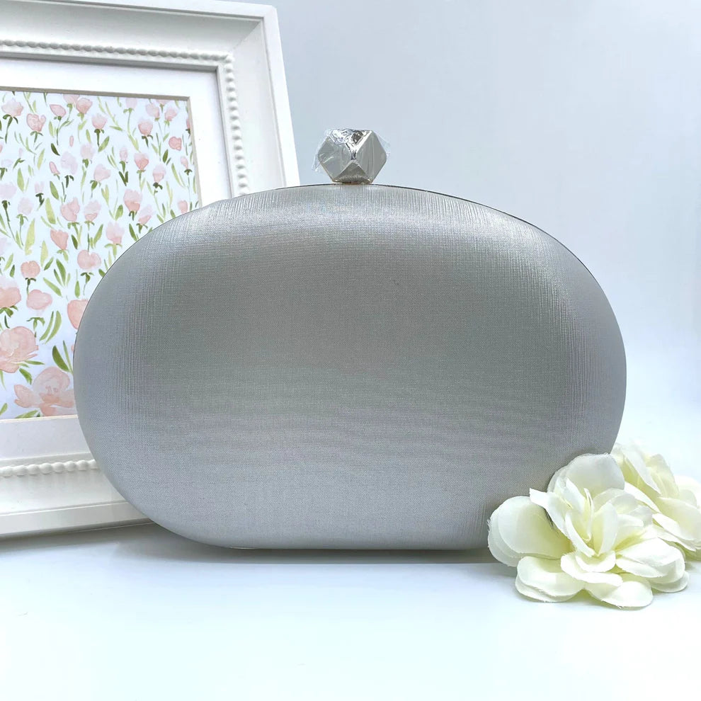 Silver Oval Clutch Bag With Silver Frame