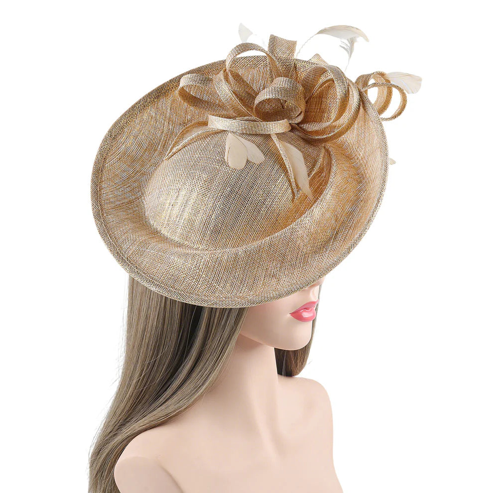 Gold Headpiece/Fascinator With Bow & Feather Detail~D38