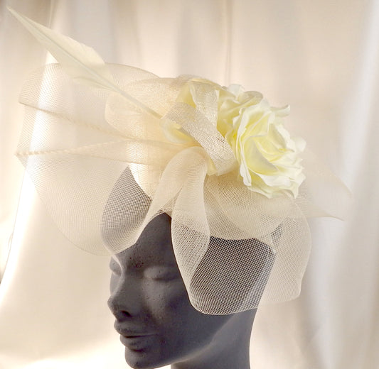 Fascinator Hat Cream/Ivory with Flower & Feather-D25