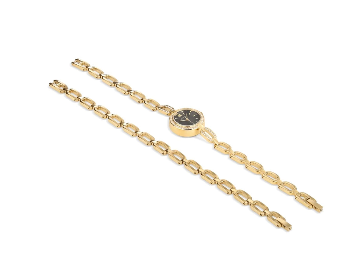 Newbridge Silverware Ladies Gold Watch With Black Face & Matching Bracelet