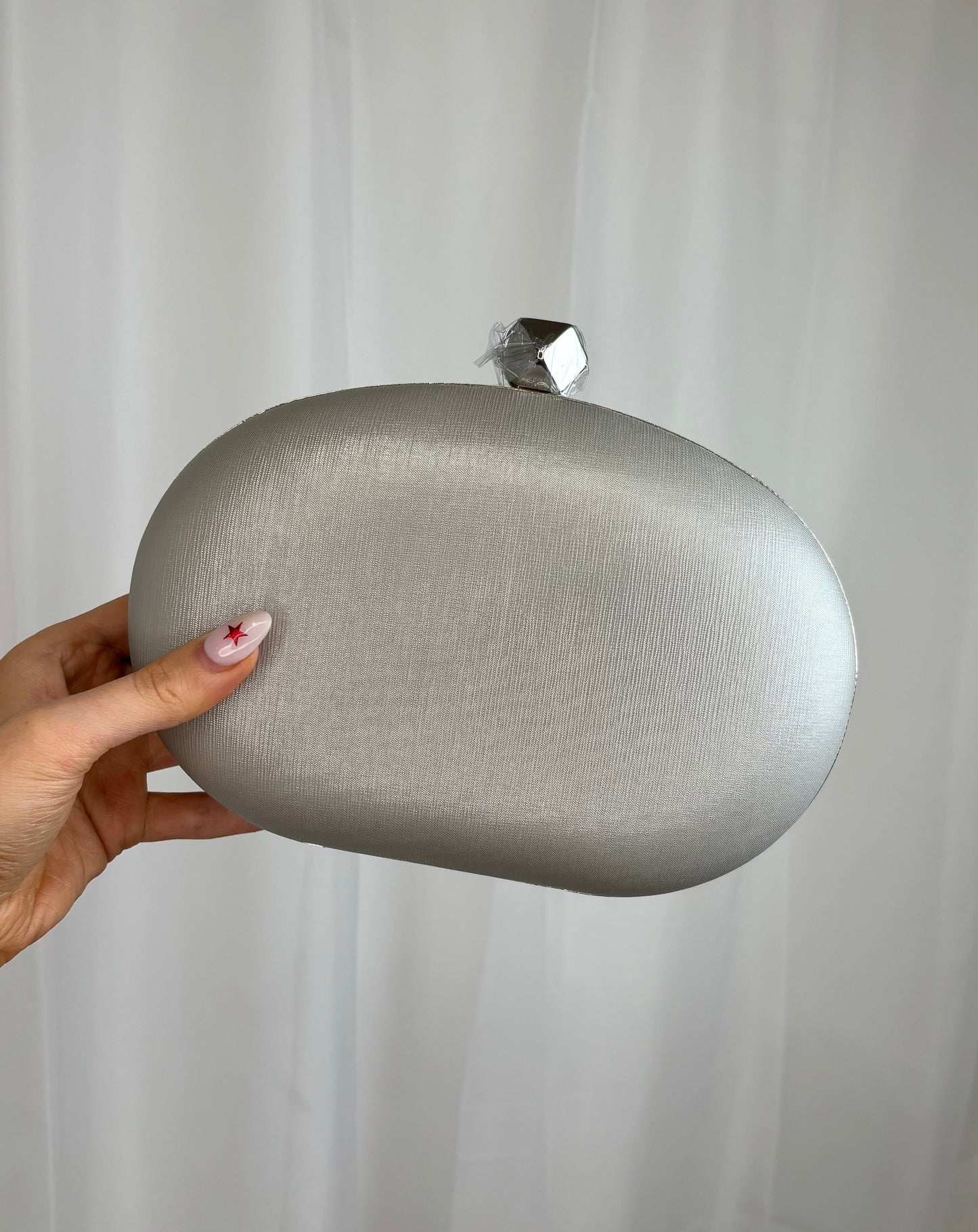 Oval Clutch Bag in White with Silver trim
