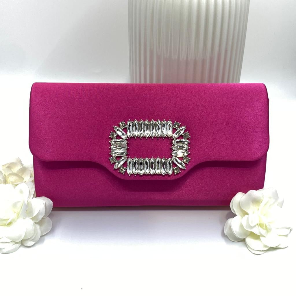 Magenta Clutch Bag With With Silver Crystal Clasp