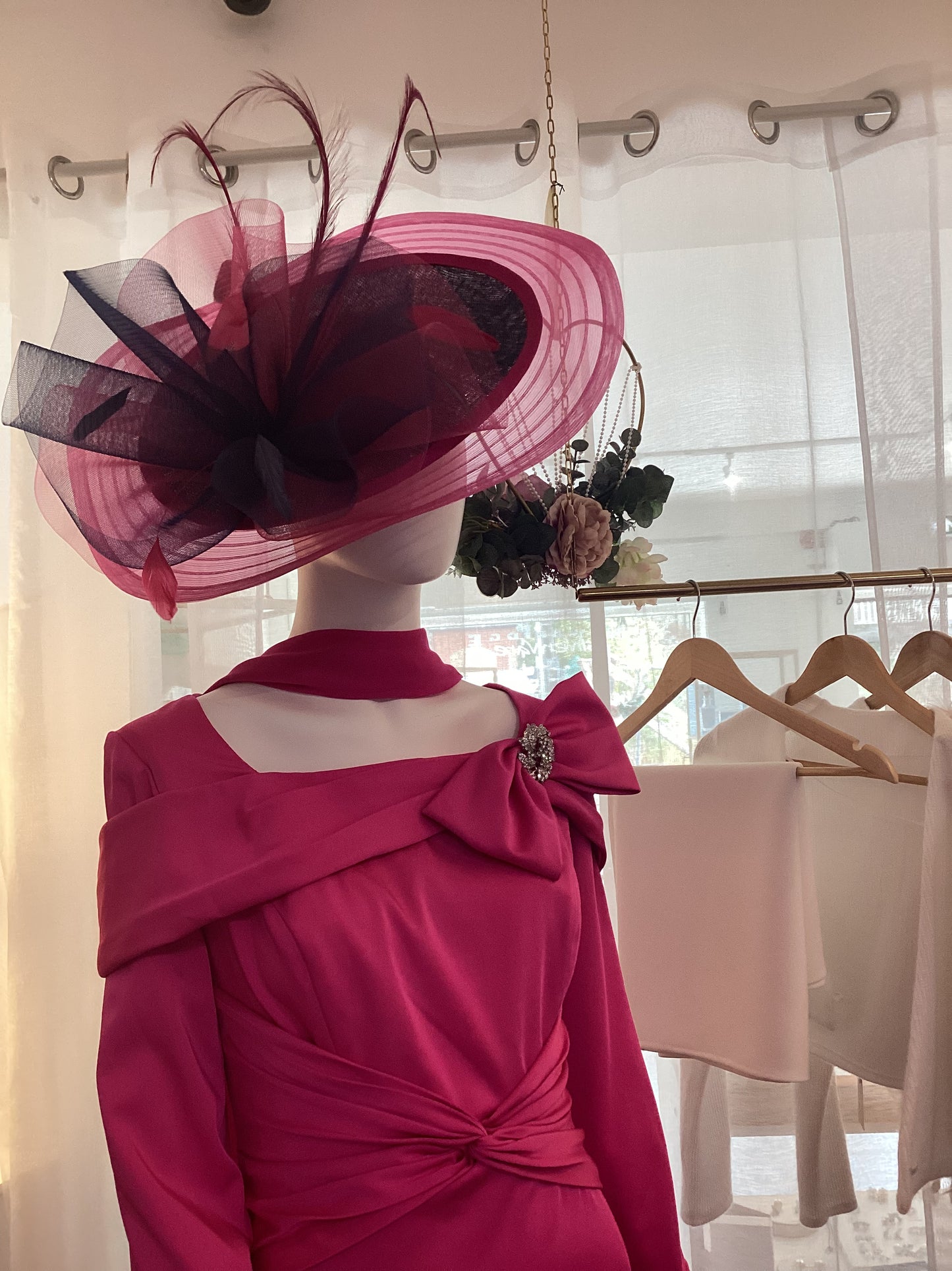 Navy and Fuschia Headpiece with Feathers