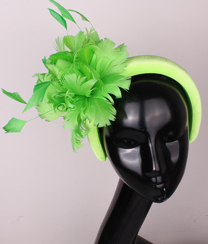 Lime Green Headband/Headpiece With Feather Embellishment.