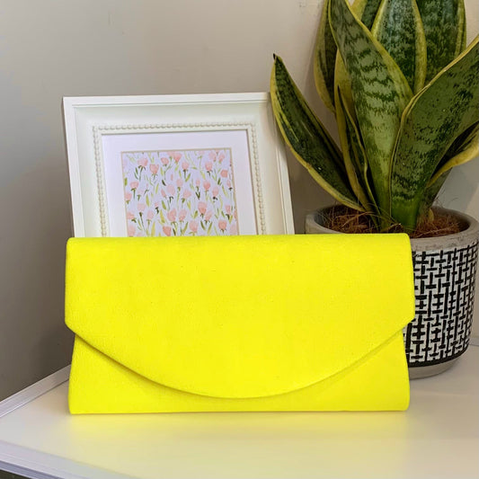 Lemon Yellow Suede Envelope Style Clutch Bag