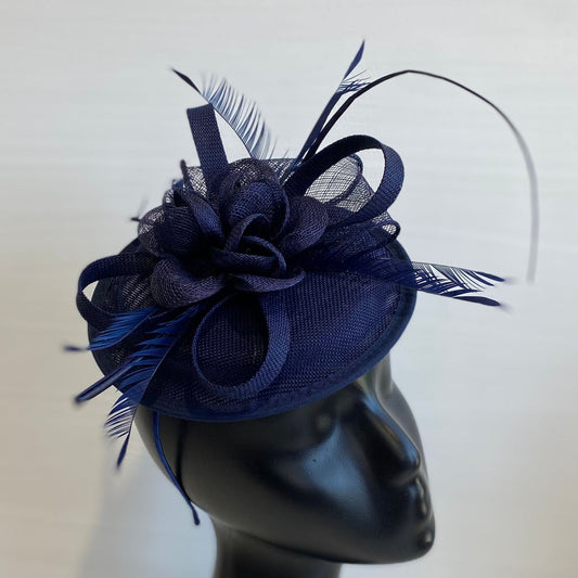 Navy Headpiece With Feather & Bow Detail