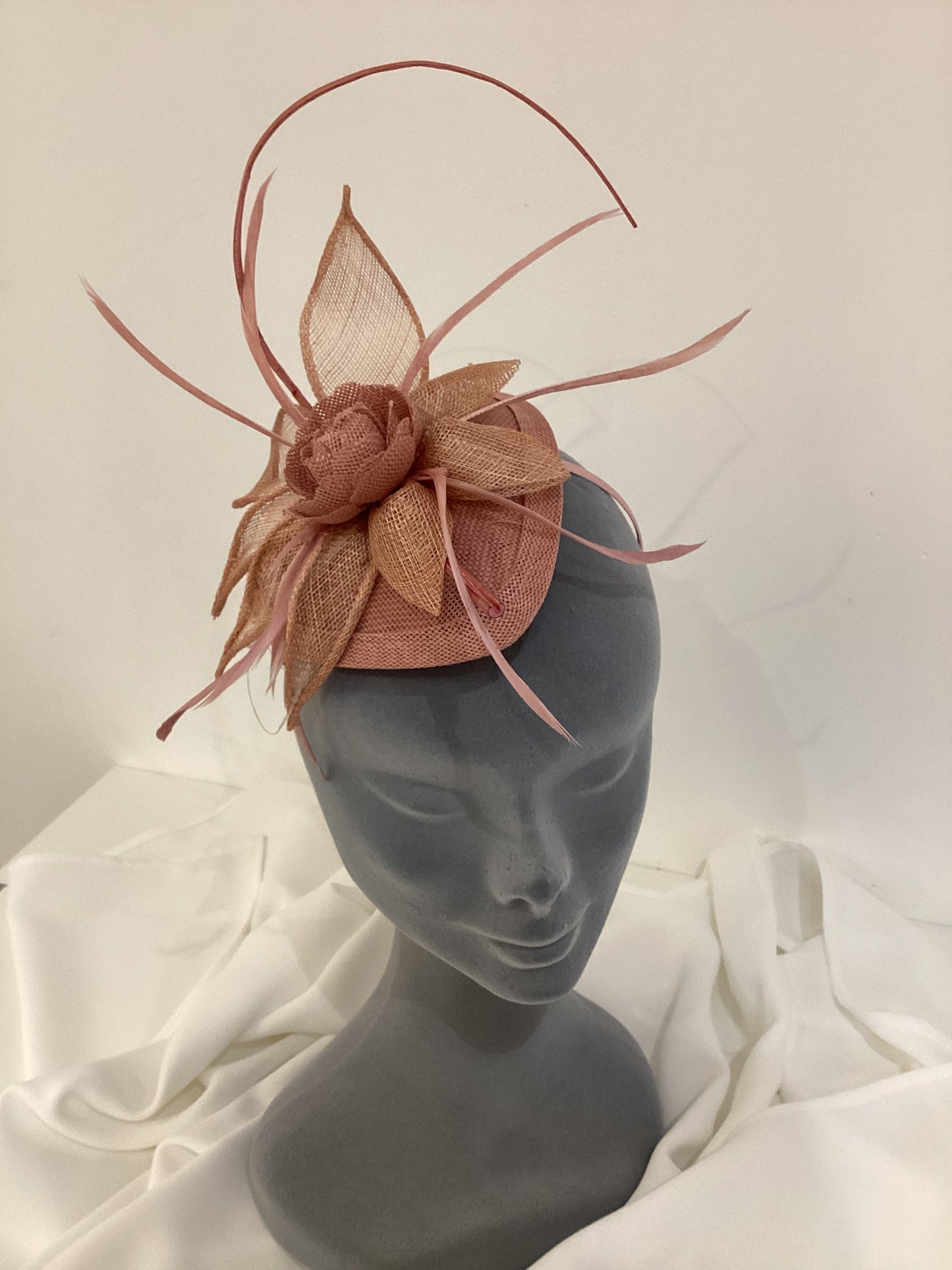 Dark Blush Fascinator With Bow & Feather Detail