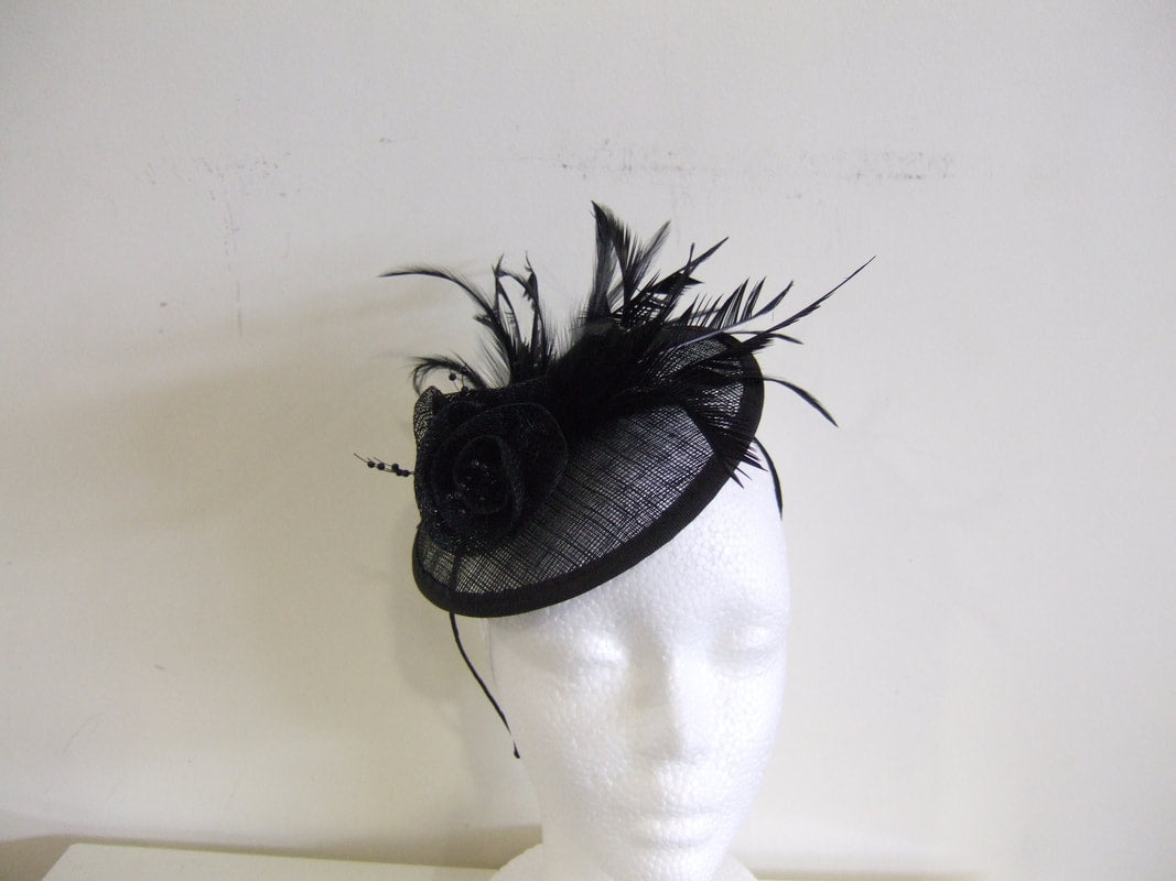 Black Fascinator With Three Flowers & Feather Detail