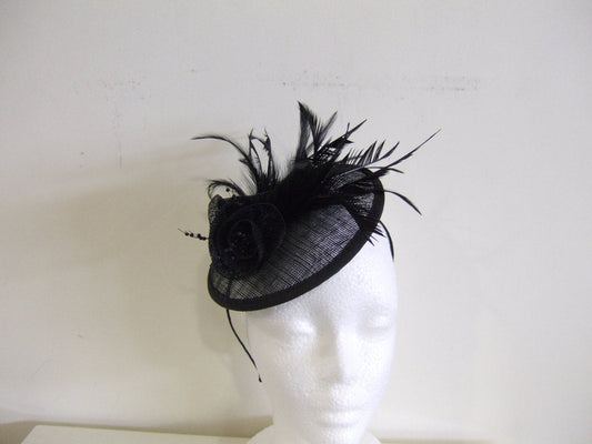 Black Fascinator With Three Flowers & Feather Detail