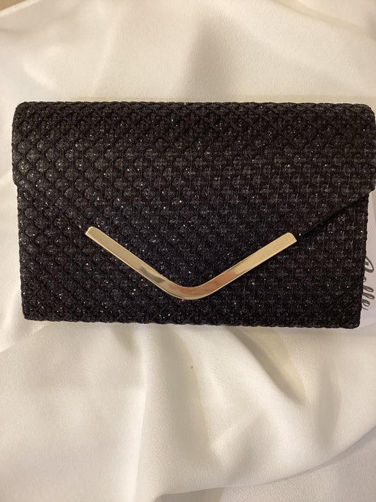 Belle Black Shimmer Clutch Bag With Gold Detail
