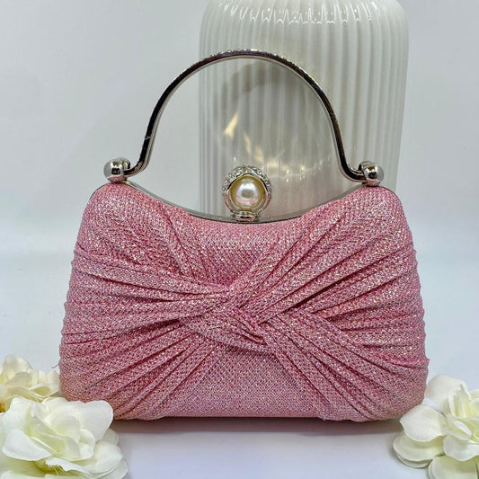 Pink Bag With Pearl & Crystal Clasp Silver Framed