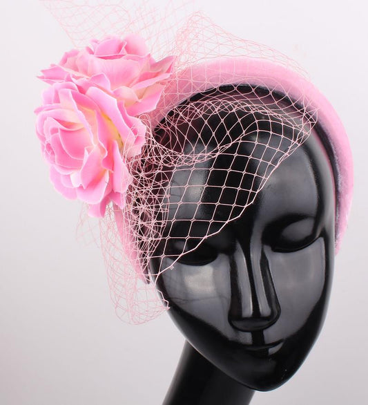 Pink Headband/Headpiece With Flower & Netting Detail