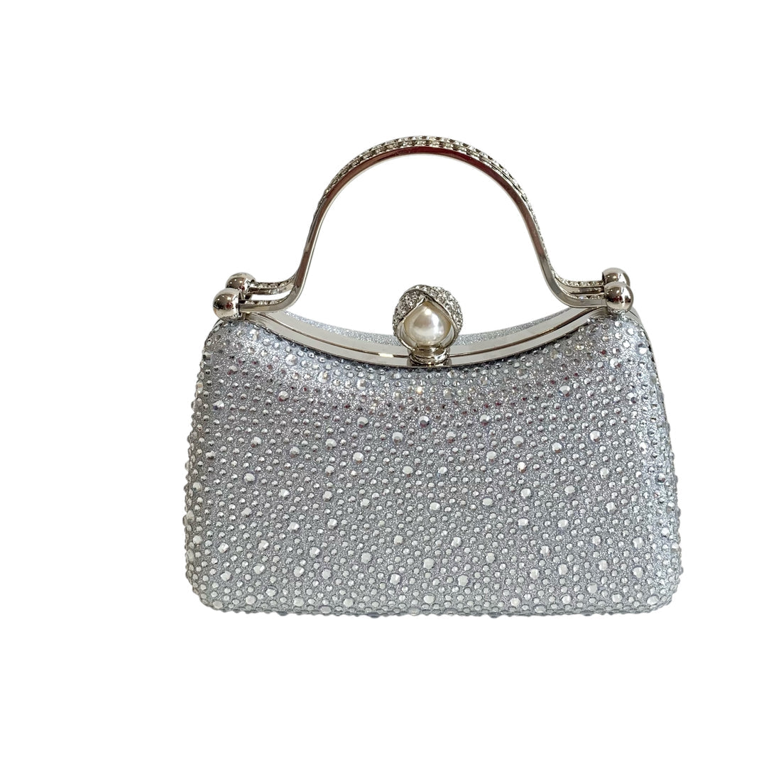 Diamante Clutch Bag In Silver With Silver Frame