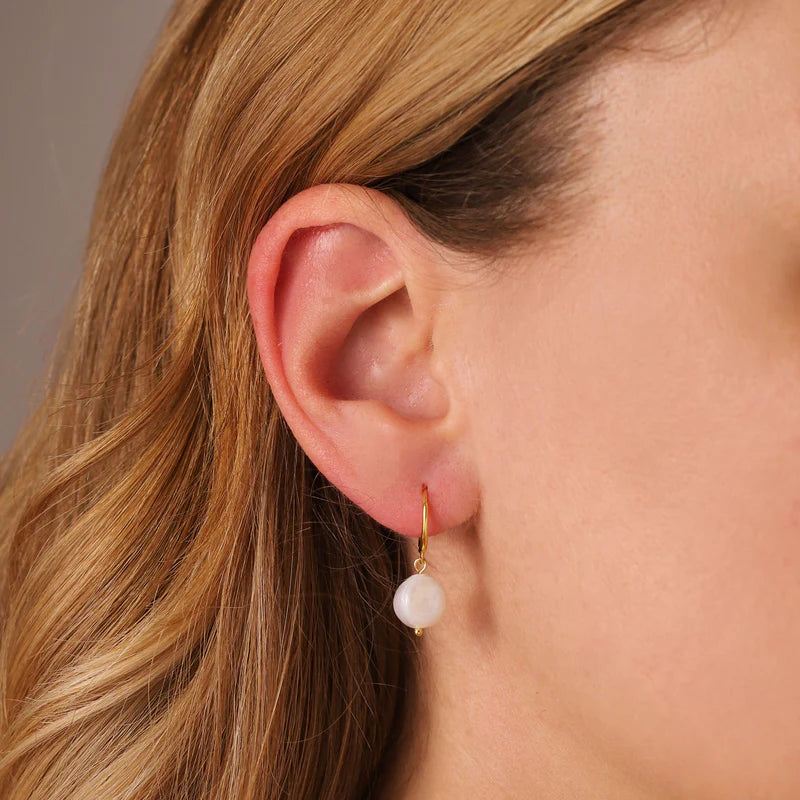 GT Pearl Drop Gold Huggie Hoops