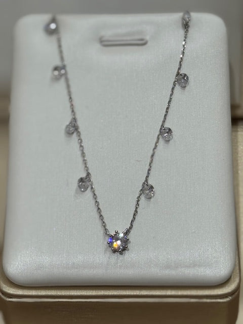 Necklace with Diamond and Clear Crystals, in Gold or Silver