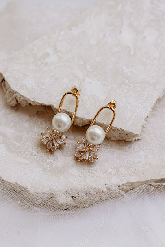 Jade Oi Gaia Gold Loop Pearl Starburst Drop Bridal Earrings