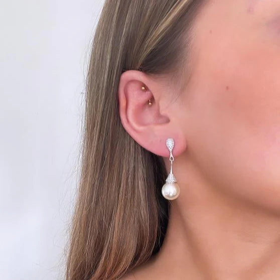 Azure Tiana Silver 12mm Pearl With Crystal Detail Earrings