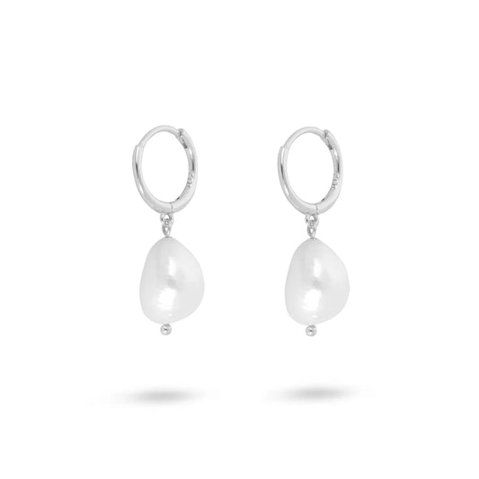 GT Pearl Drop Silver Huggie Hoops