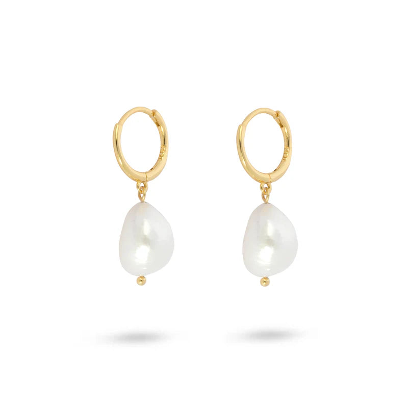 GT Pearl Drop Gold Huggie Hoops