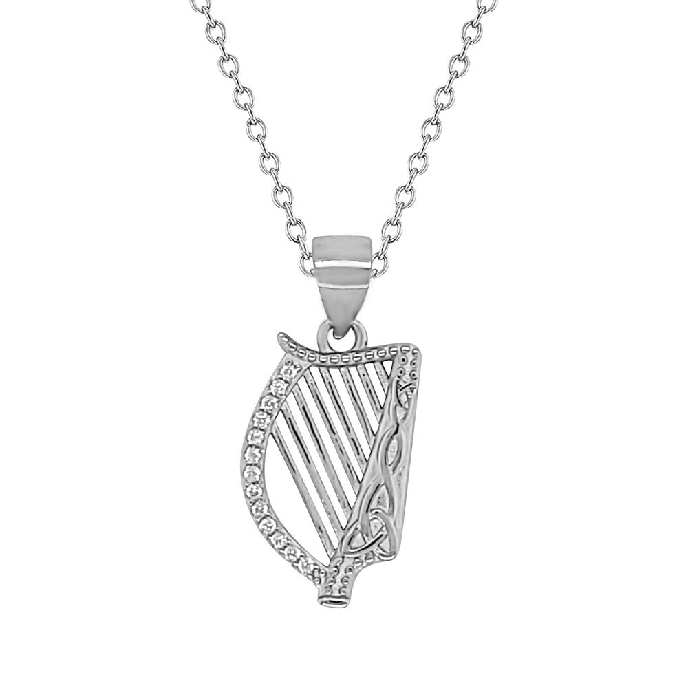 EV Celtic Harp Silver Pendant/Necklace With CZ Edge Design