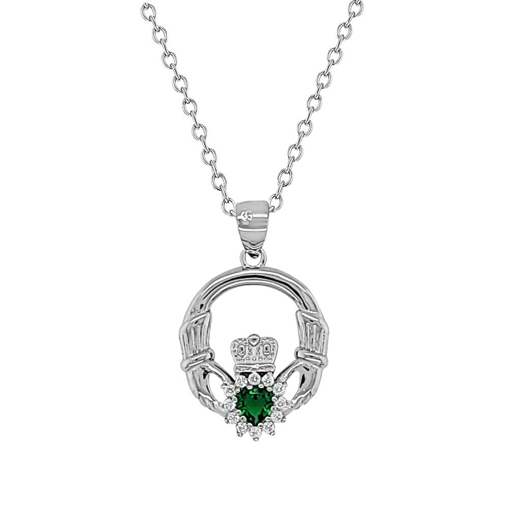 EV- Green Stone Claddagh Silver Pendant/Necklace