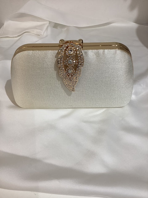 Silver Clutch Bag With Gold Trim & Crystal Leaf Clasp