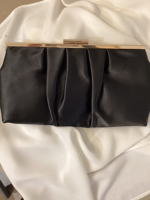 Penelope Ruched Black Satin Clutch Bag