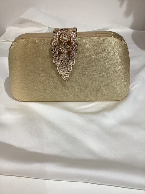 Gold Clutch Bag With Gold Trim & Crystal Leaf Clasp