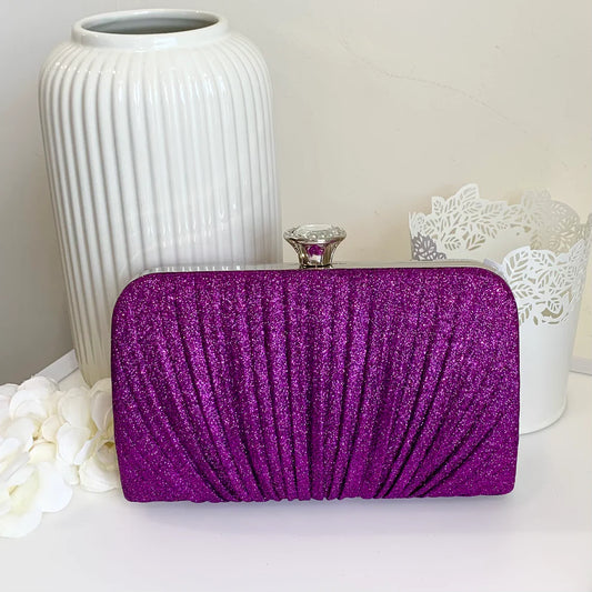 Purple Glitzy Clutch Bag With Silver Handle & Long Silver Chain