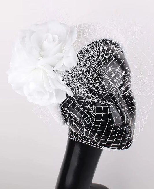 White Headband/Hairpiece With Flower & Netting Detail