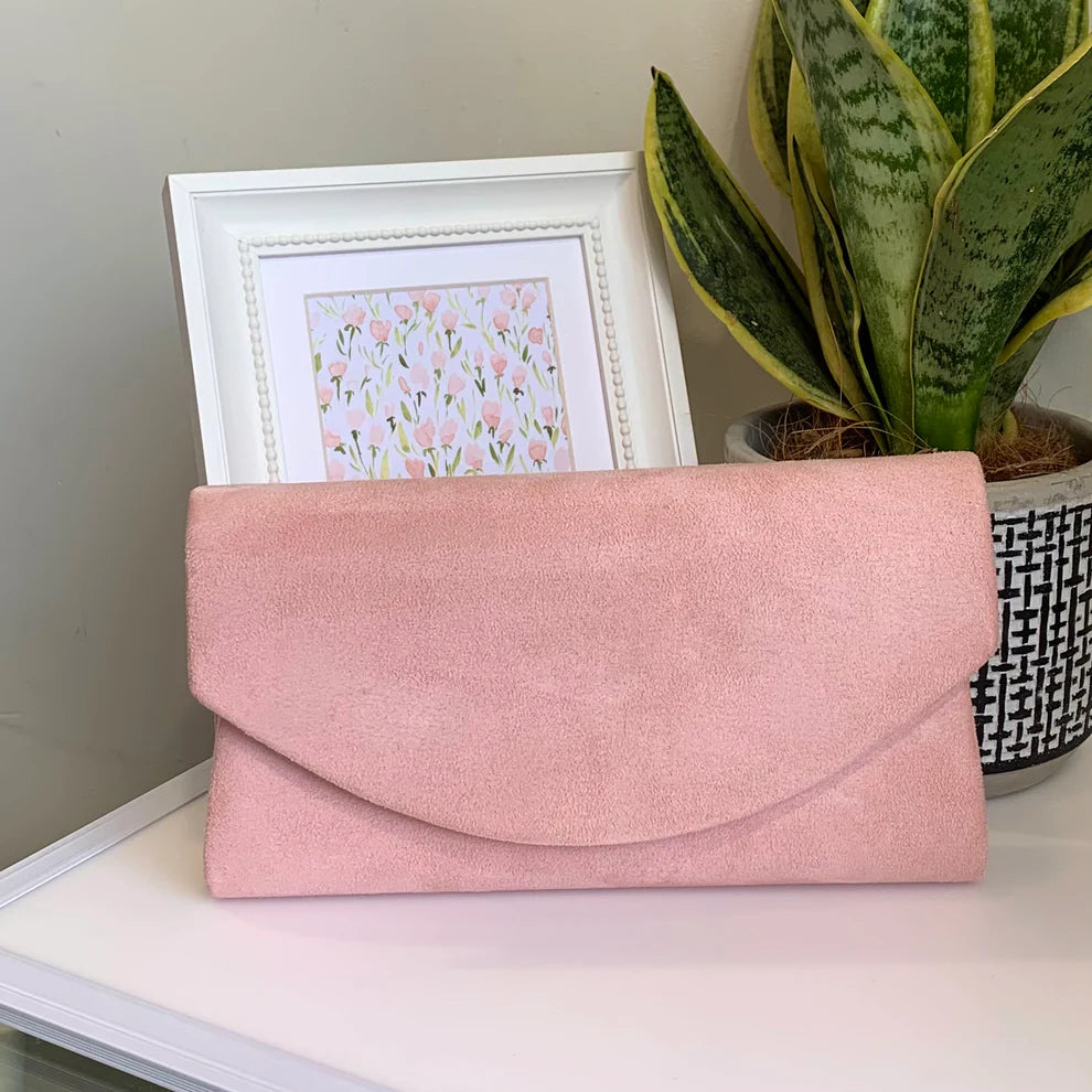 Dusty Pink Suede Envelope Style Clutch Bag