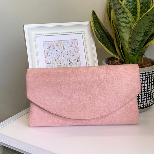 Dusty Pink Suede Envelope Style Clutch Bag
