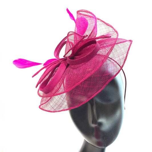 Magenta Fascinator/Headpiece With Bow & Feather Detail~D5
