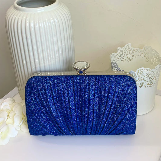 Royal Blue Glitzy Clutch Bag With Silver Handle & Chain