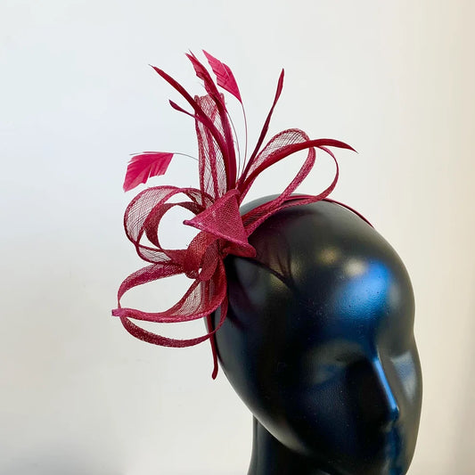 Burgandy  Fascinator/Headpiece With Ribbon Flower & Feathers~D02