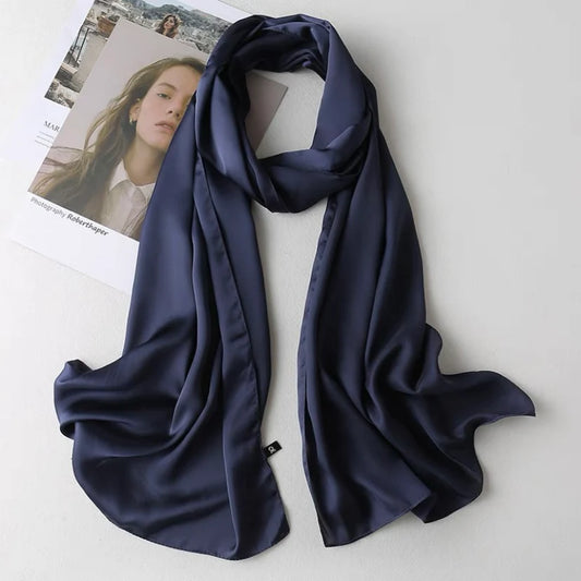 Plain long silk feel scarf in Navy