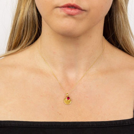 GKO Gold & Crystal Birthstone Charm & Disc Necklace- Ruby (July)
