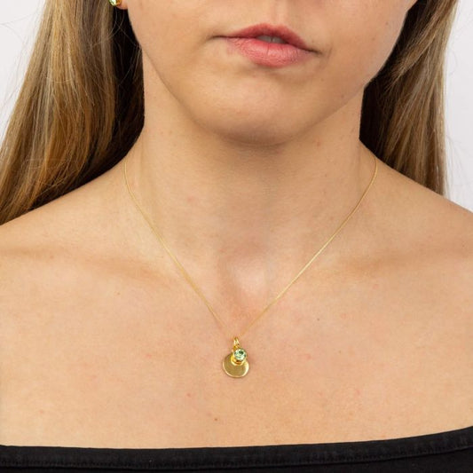 GKO Gold & Crystal Birthstone Charm & Disc Necklace- Peridot (August)
