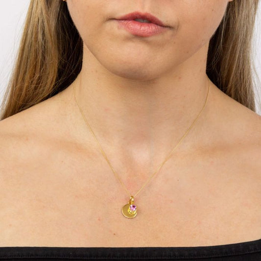 GKO Gold & Crystal Birthstone Charm & Disc Necklace-Rose (October)