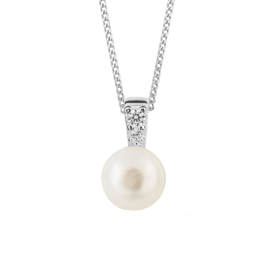 GKO Sterling Silver Pearl Pendant with Pave Cubic Zirconia and Chain