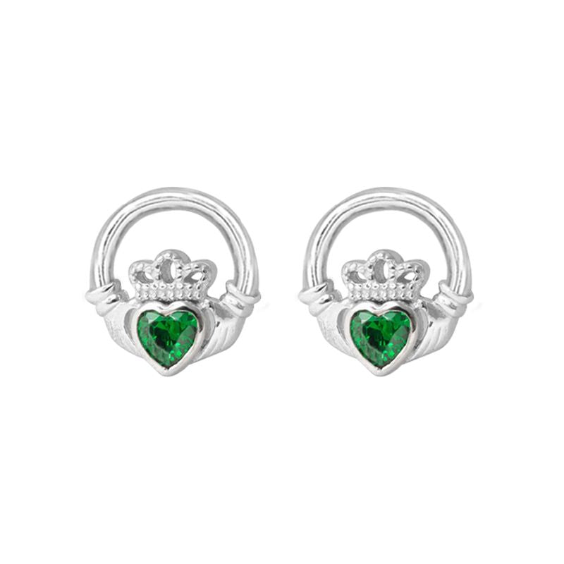Sterling silver round claddagh stud earrings with green heart