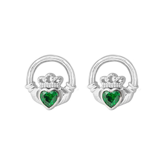 Sterling silver round claddagh stud earrings with green heart