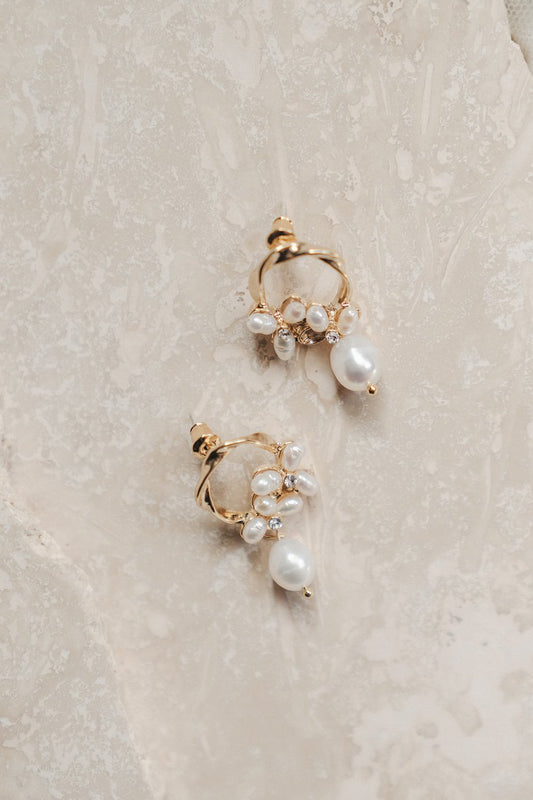 Florence | 14K Gold Pearl Clusters Drop Bridal Earrings
