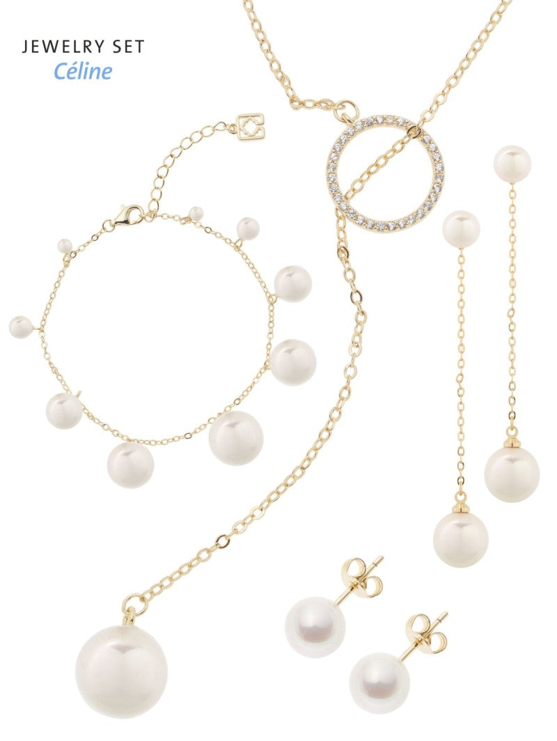 Céline JS-005 Pearl  Bracelet Necklace & Earrings (can be worn two ways) Jewellery Set,  Gold